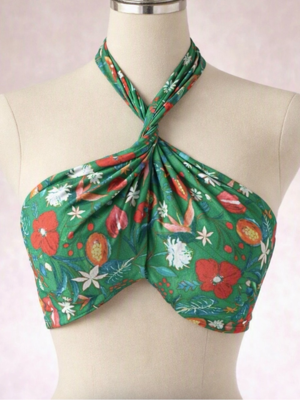 70s Hippie Green Floral Cropped Bohemian Halter Top